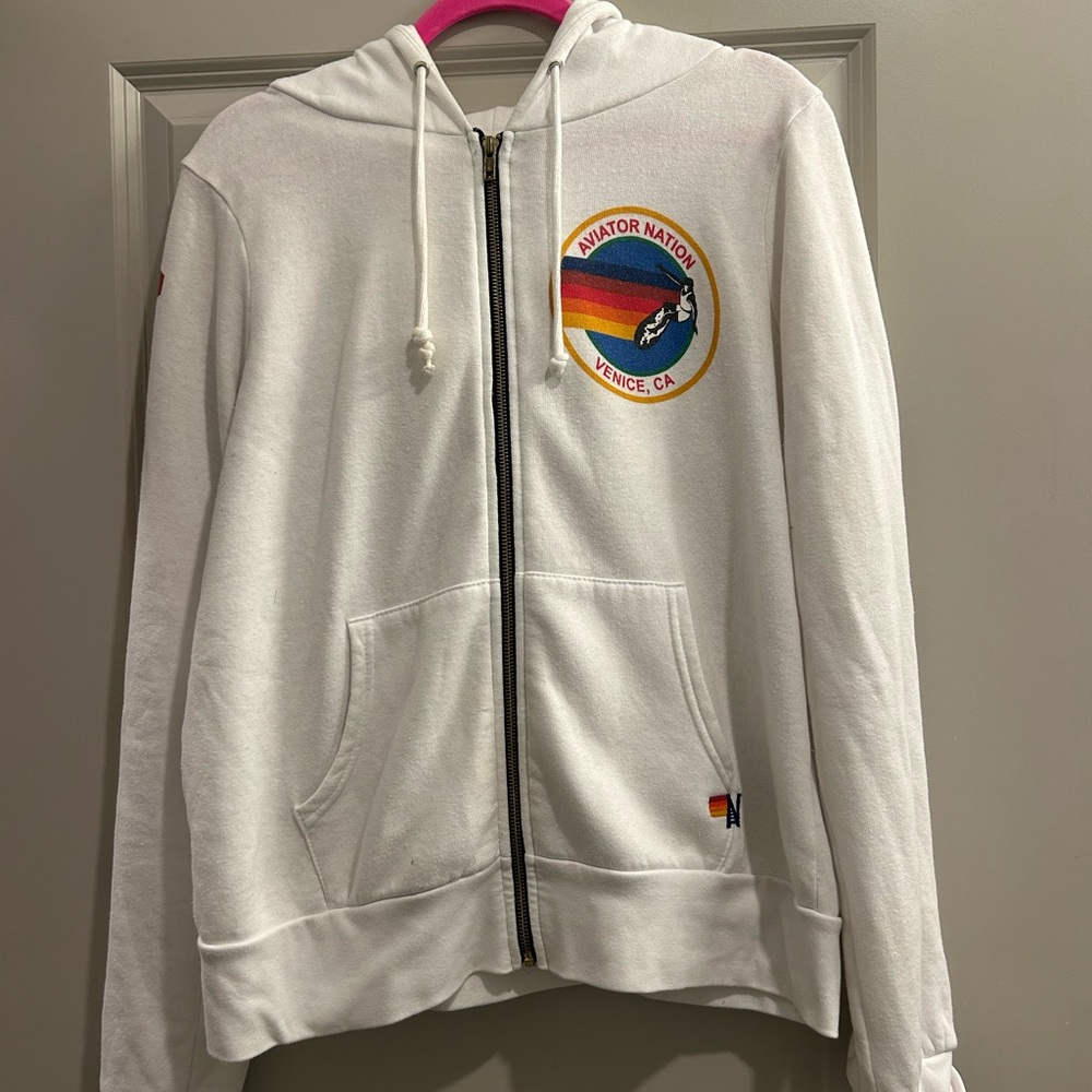 Aviator Nation White Zip Up Hoodie with Rainbow Logo